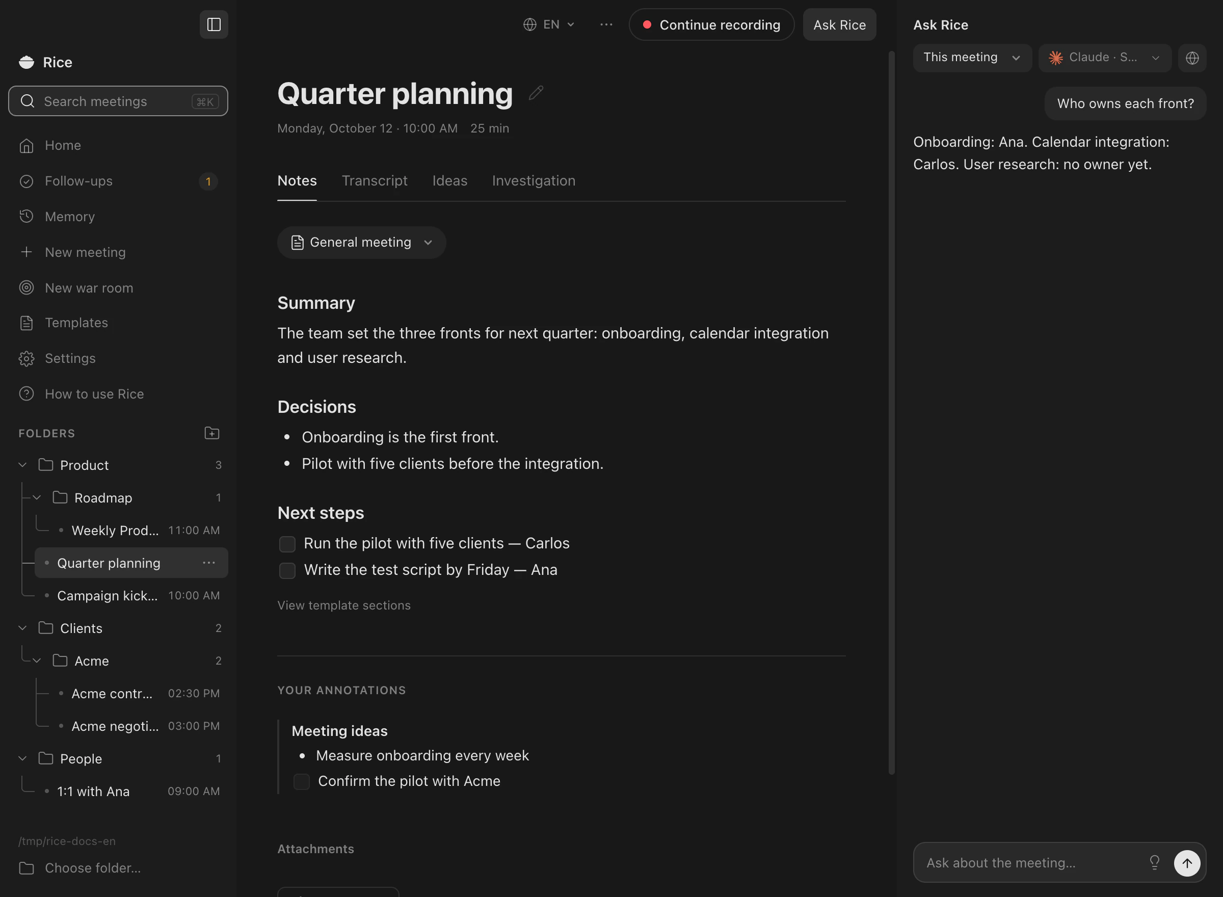 Notes of a meeting, with the chat answering who owns each front