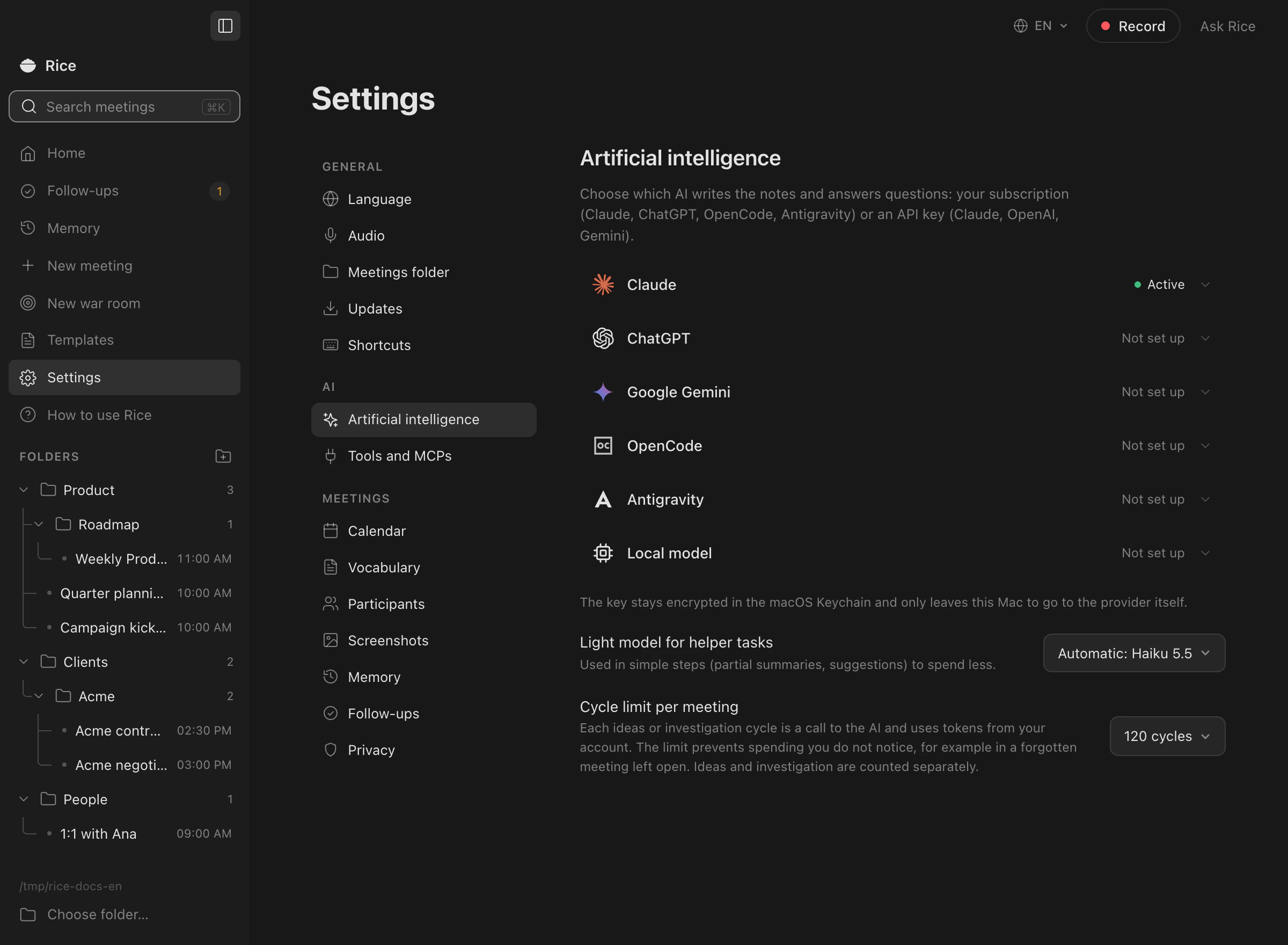 Artificial intelligence settings with Claude active and ChatGPT, Google Gemini, OpenCode, Antigravity and Local model listed below.