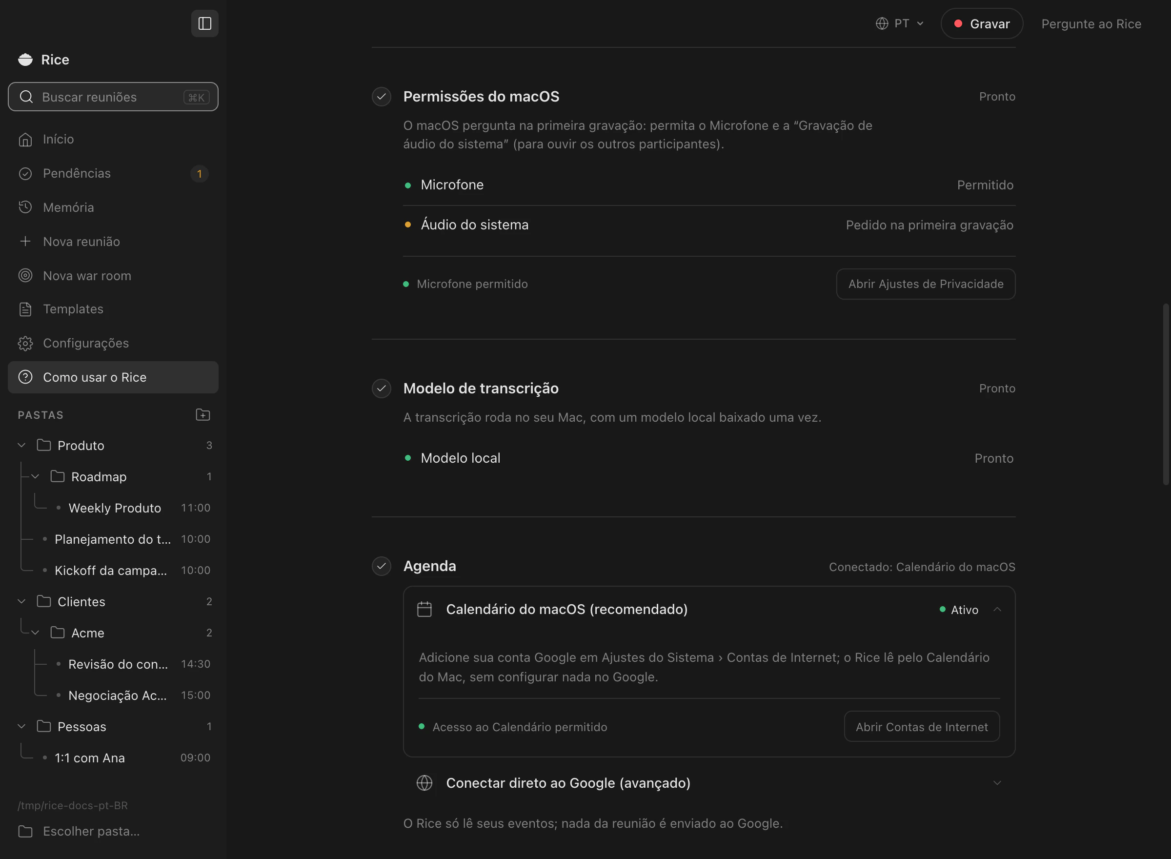 O passo de permissões do guia: Microfone liberado, Áudio do sistema pedido na primeira gravação e um botão para abrir os Ajustes de Privacidade.