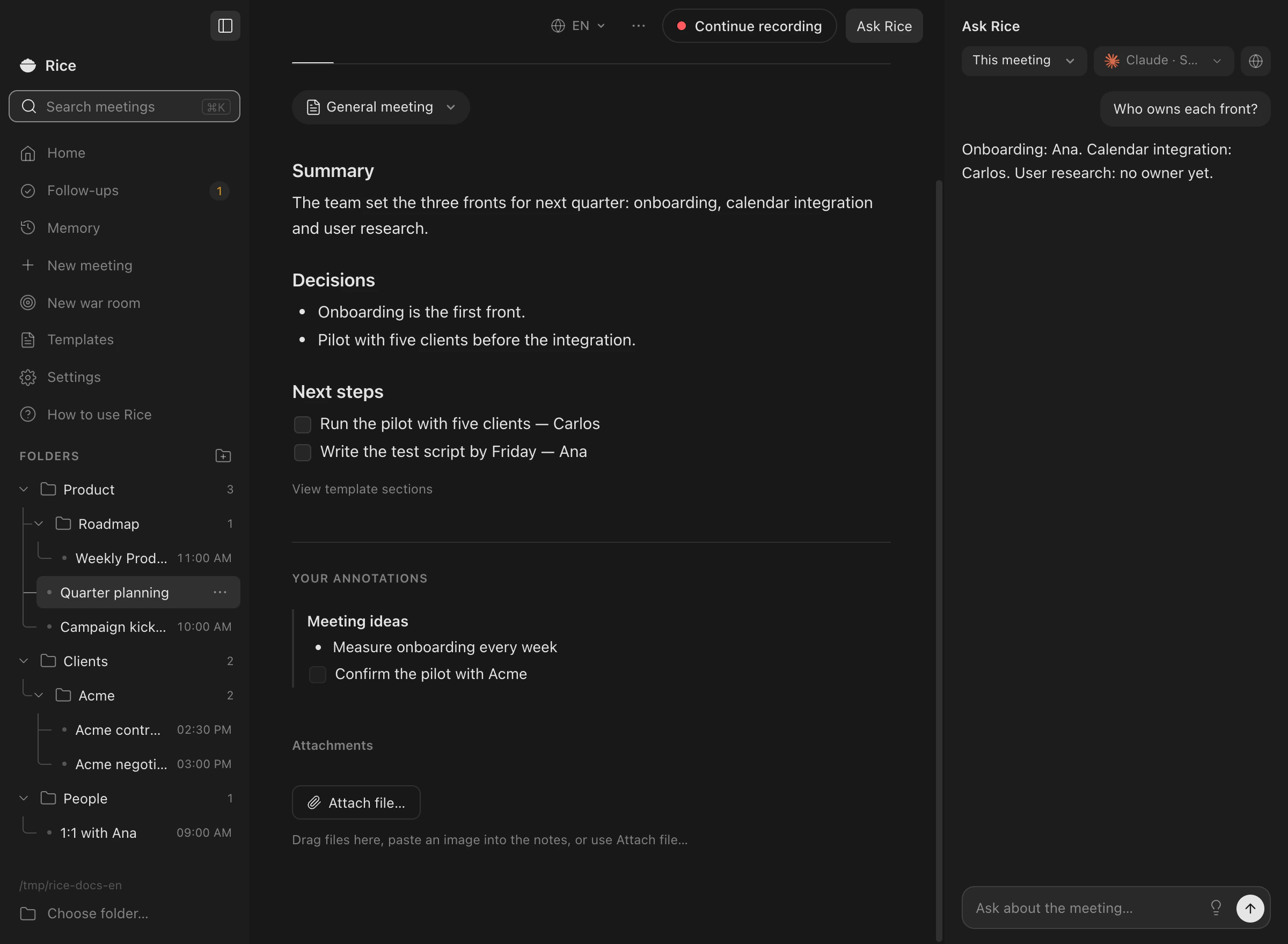 Notes from a template, with what the user typed highlighted