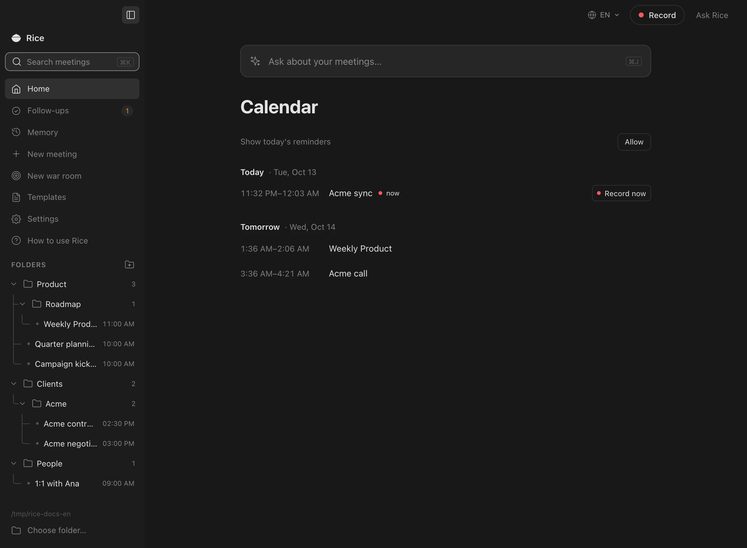 Home with the calendar and Record now