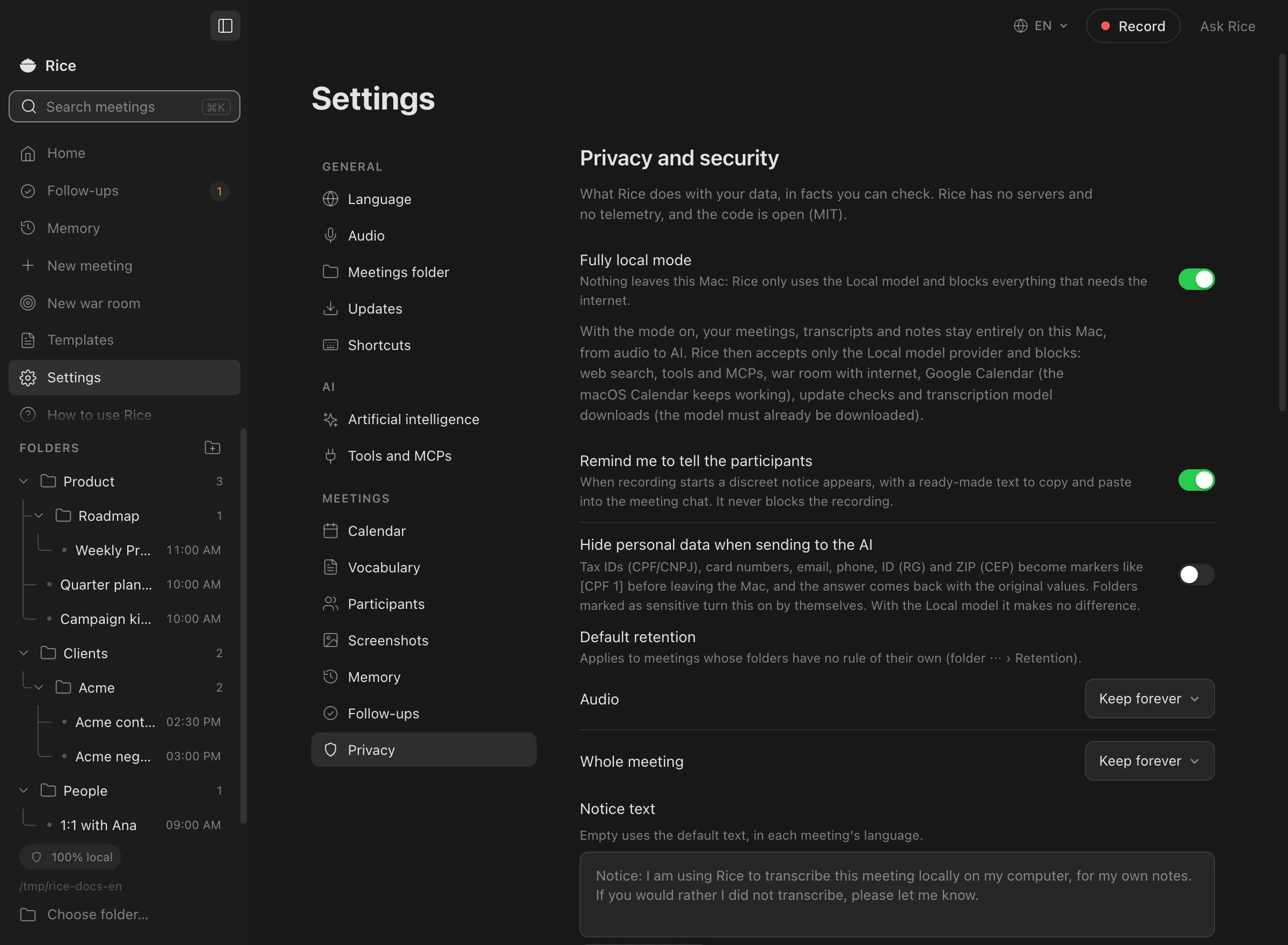 100% local mode and the other privacy settings