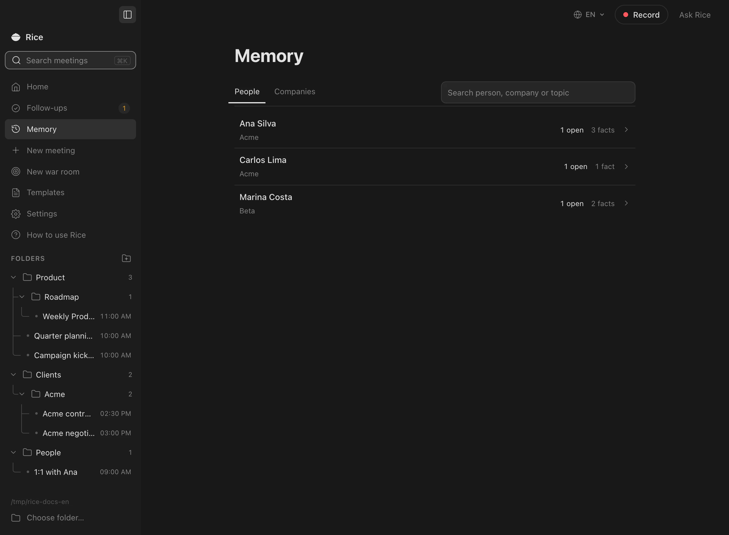 The Memory page listing three people with their companies and how many open points and facts each one has.