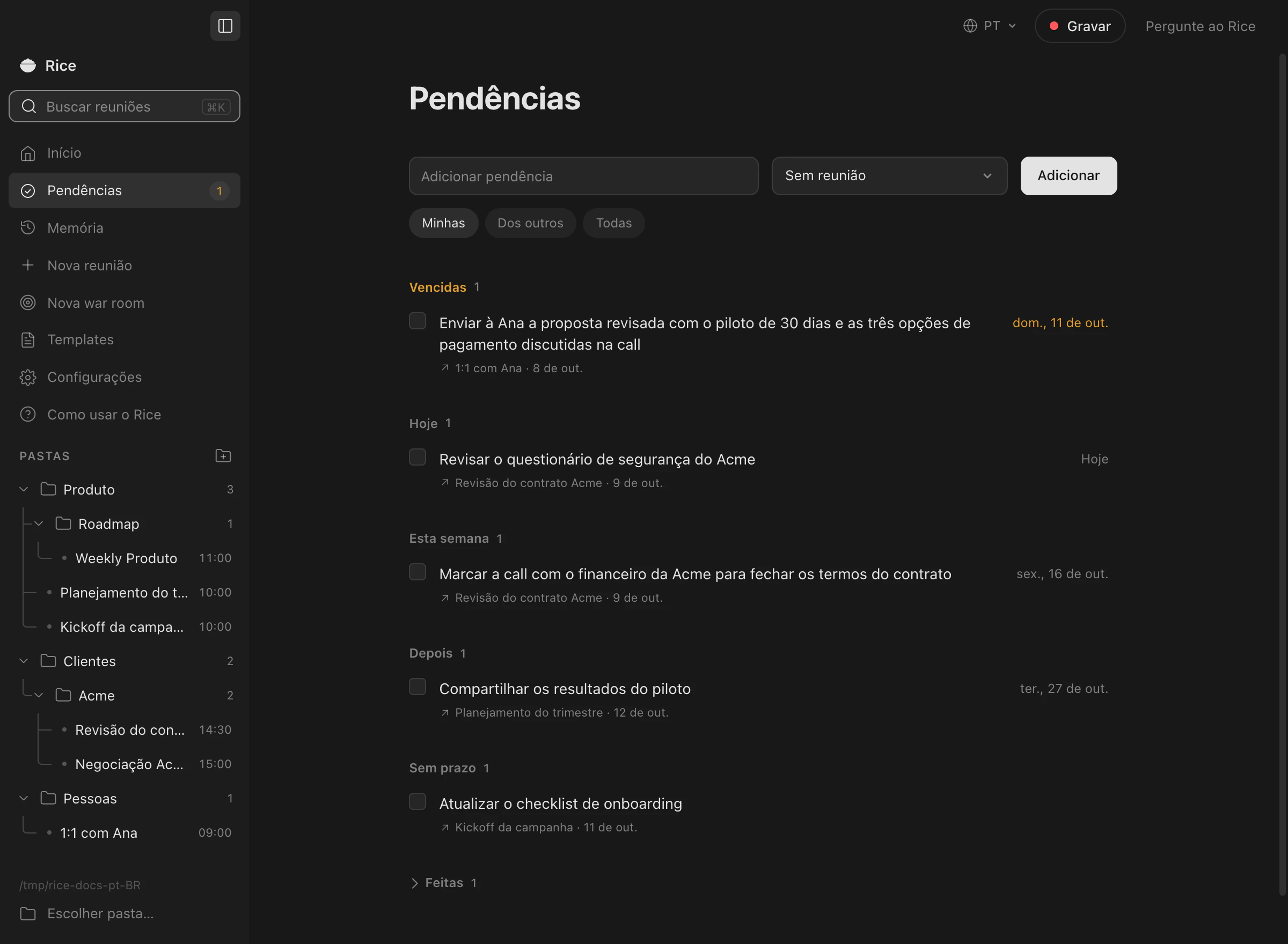 Pendências de todas as reuniões, com prazo