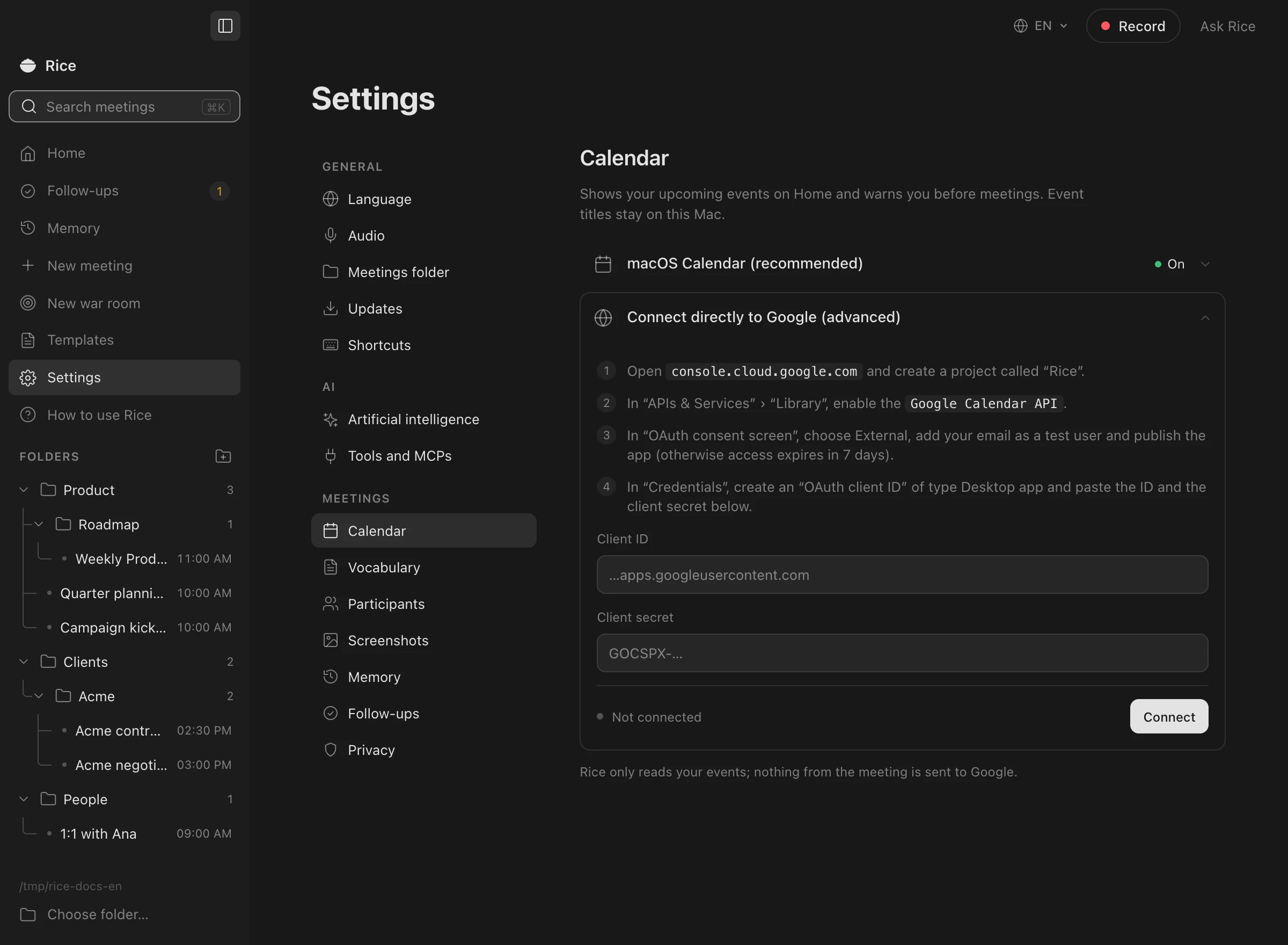 Settings › Calendar with the macOS Calendar on and the steps to connect Google directly: Client ID, Client secret and a Connect button.