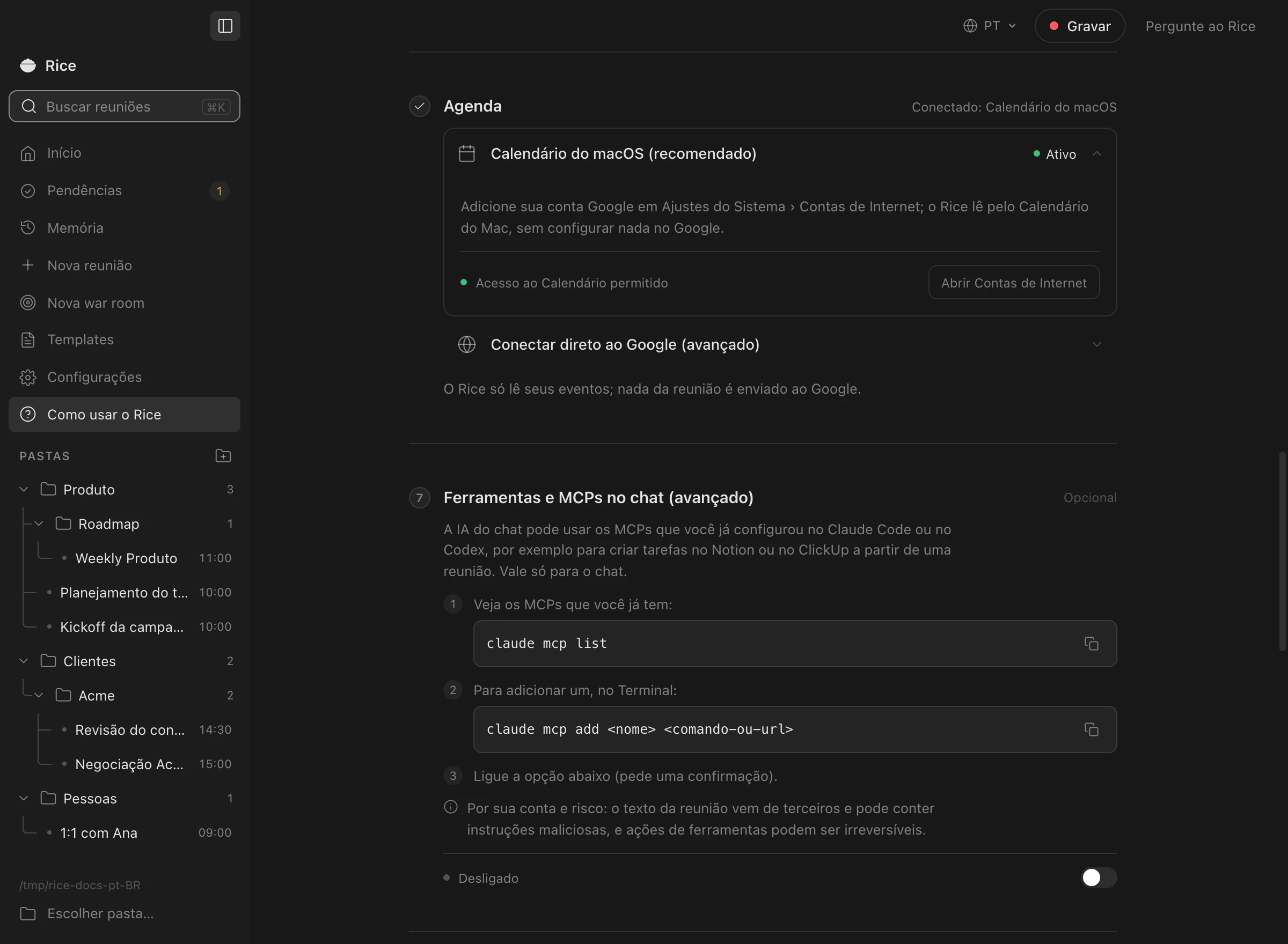 A lista Como usar o Rice no app, com o passo Agenda pronto e o Calendário do macOS conectado.