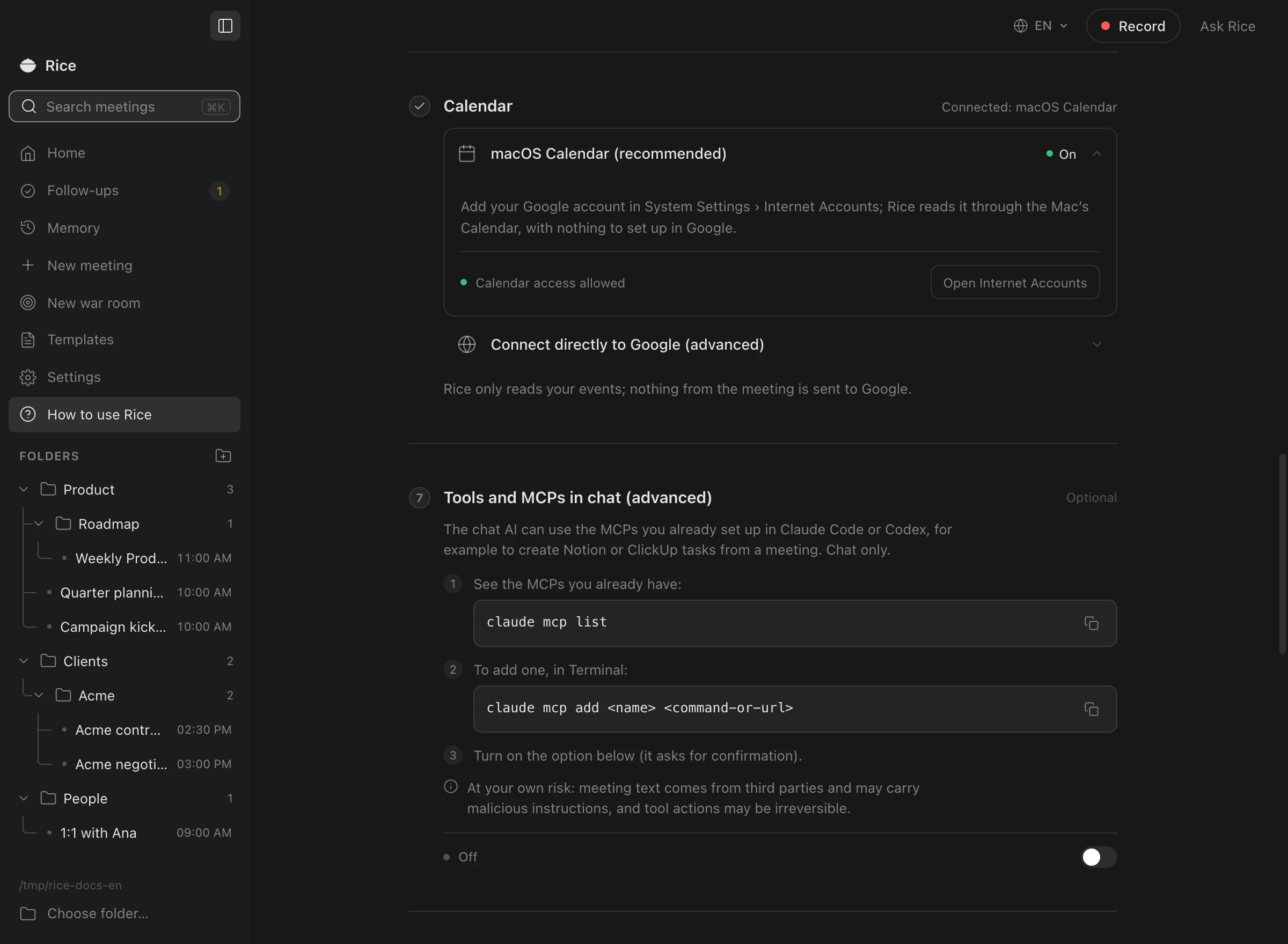 The How to use Rice checklist in the app, with the Calendar step done and the macOS Calendar connected.
