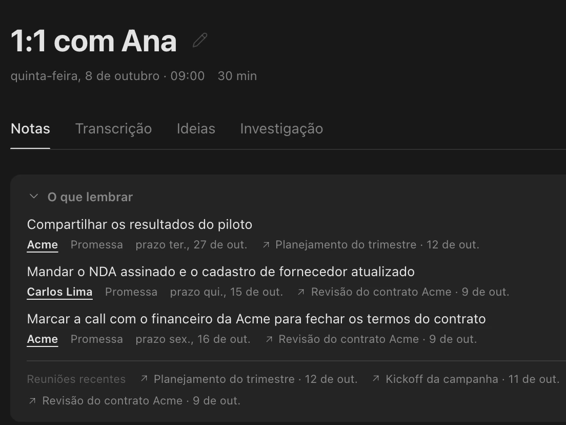 Notas de um 1:1 com Ana que começam com o cartão O que lembrar: três promessas em aberto com prazo, cada uma com o link da reunião de onde veio.