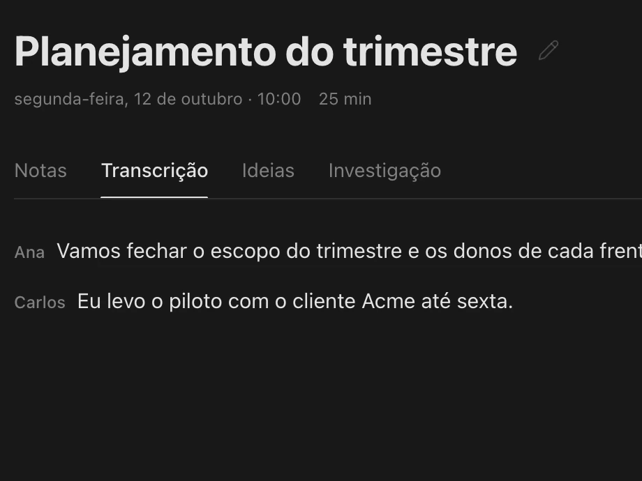 A aba Transcrição da reunião Planejamento do trimestre, com uma fala de Ana e uma de Carlos.