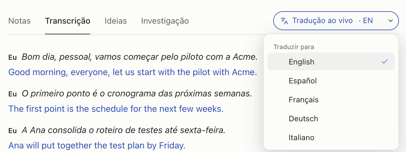O menu da Tradução ao vivo aberto sobre a transcrição: Traduzir para English (marcado), Español, Français, Deutsch e Italiano.