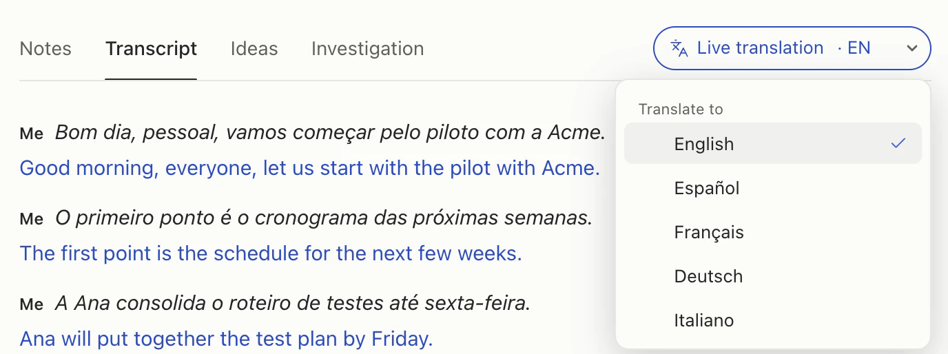 The Live translation menu open over the transcript: Translate to English (checked), Español, Français, Deutsch and Italiano.