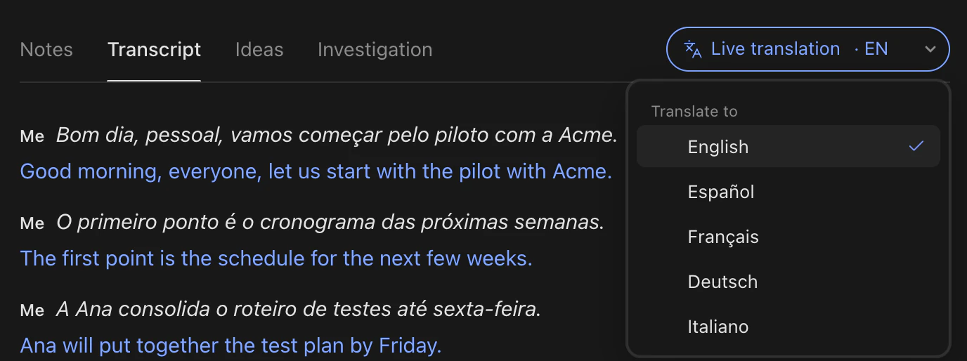 The Live translation menu open over the transcript: Translate to English (checked), Español, Français, Deutsch and Italiano.